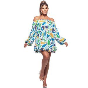 Blue 🌸 Plus Size Off-Shoulder Balloon Sleeve Mini Dress – Vibrant & Flowy 🌸